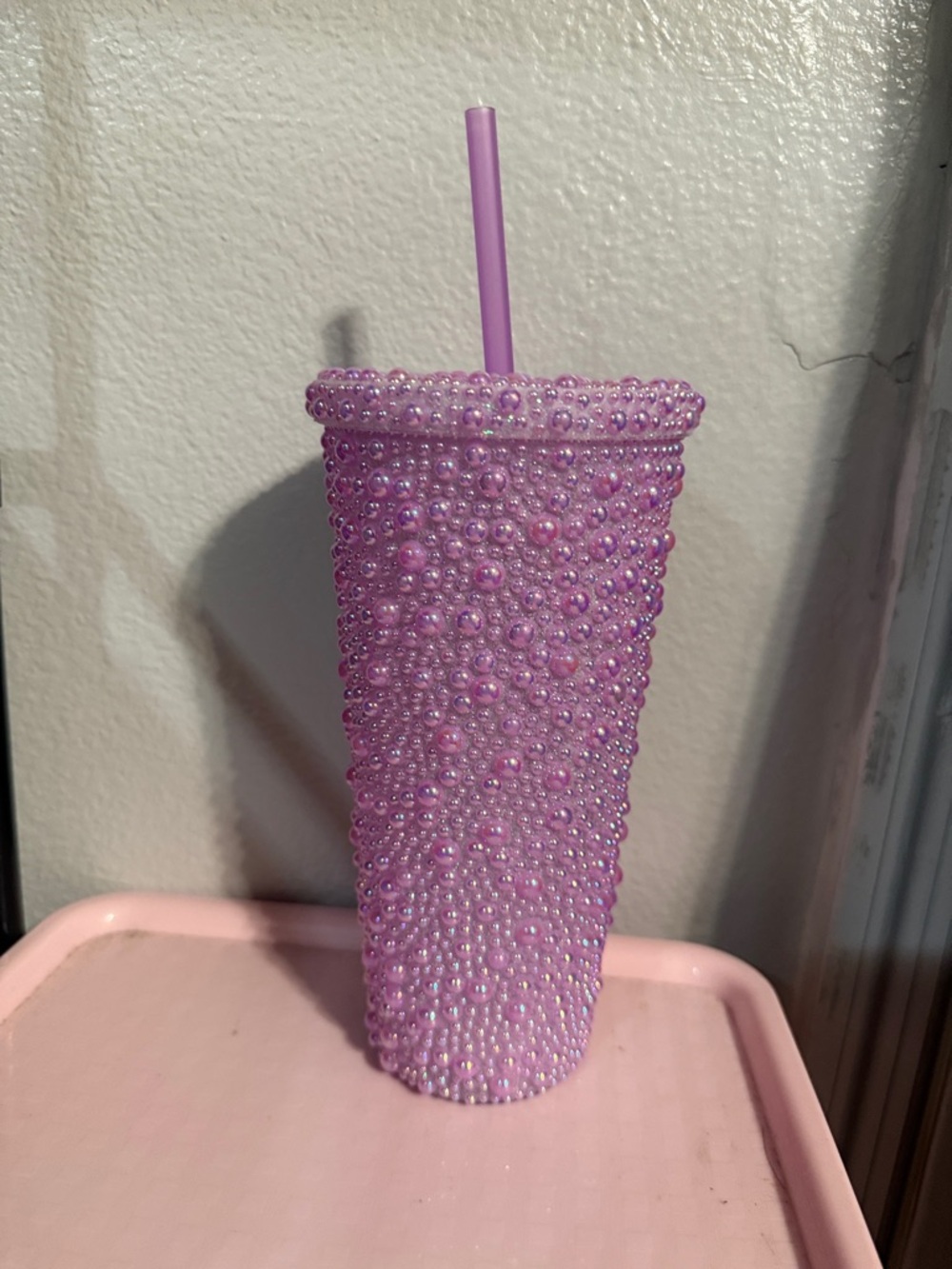 Pink Beaded Pearl plastic Tumbler with Straw